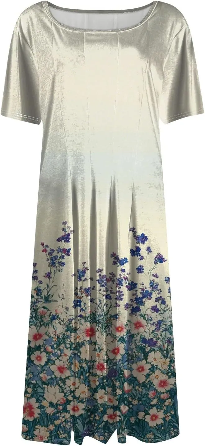 Women's Boho Dress Summer Casual Loose Trendy Short Sleeve Crew Neck Floral Print Midi Dresses 2025 Plus Size, S-3XL