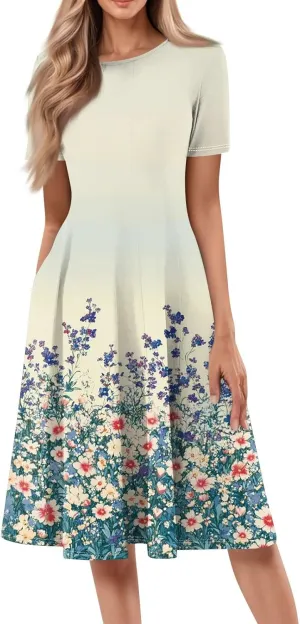 Women's Boho Dress Summer Casual Loose Trendy Short Sleeve Crew Neck Floral Print Midi Dresses 2025 Plus Size, S-3XL