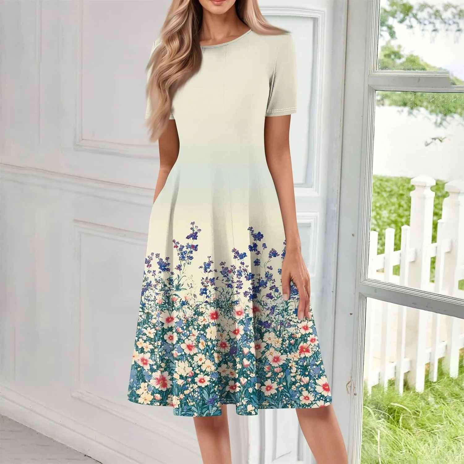 Women's Boho Dress Summer Casual Loose Trendy Short Sleeve Crew Neck Floral Print Midi Dresses 2025 Plus Size, S-3XL