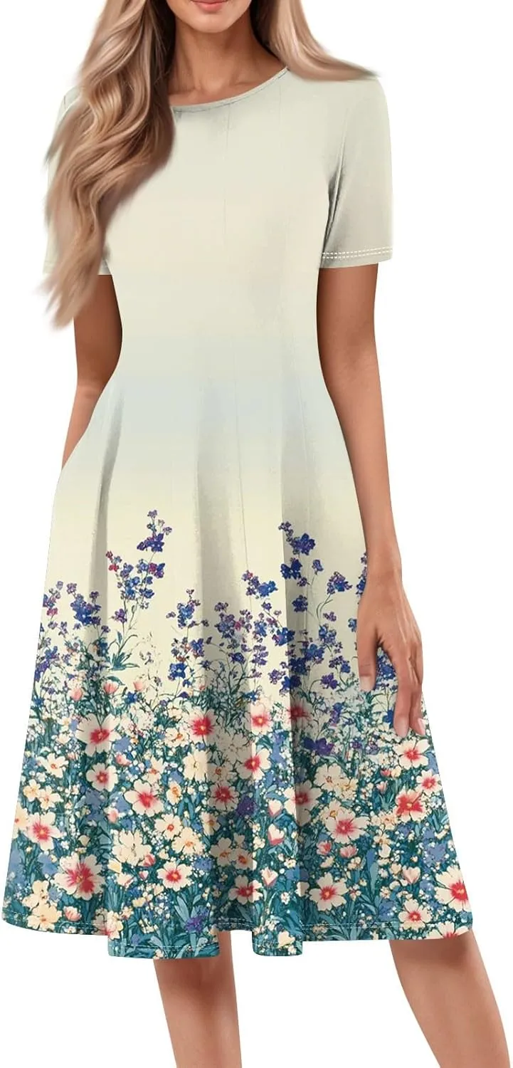 Women's Boho Dress Summer Casual Loose Trendy Short Sleeve Crew Neck Floral Print Midi Dresses 2025 Plus Size, S-3XL