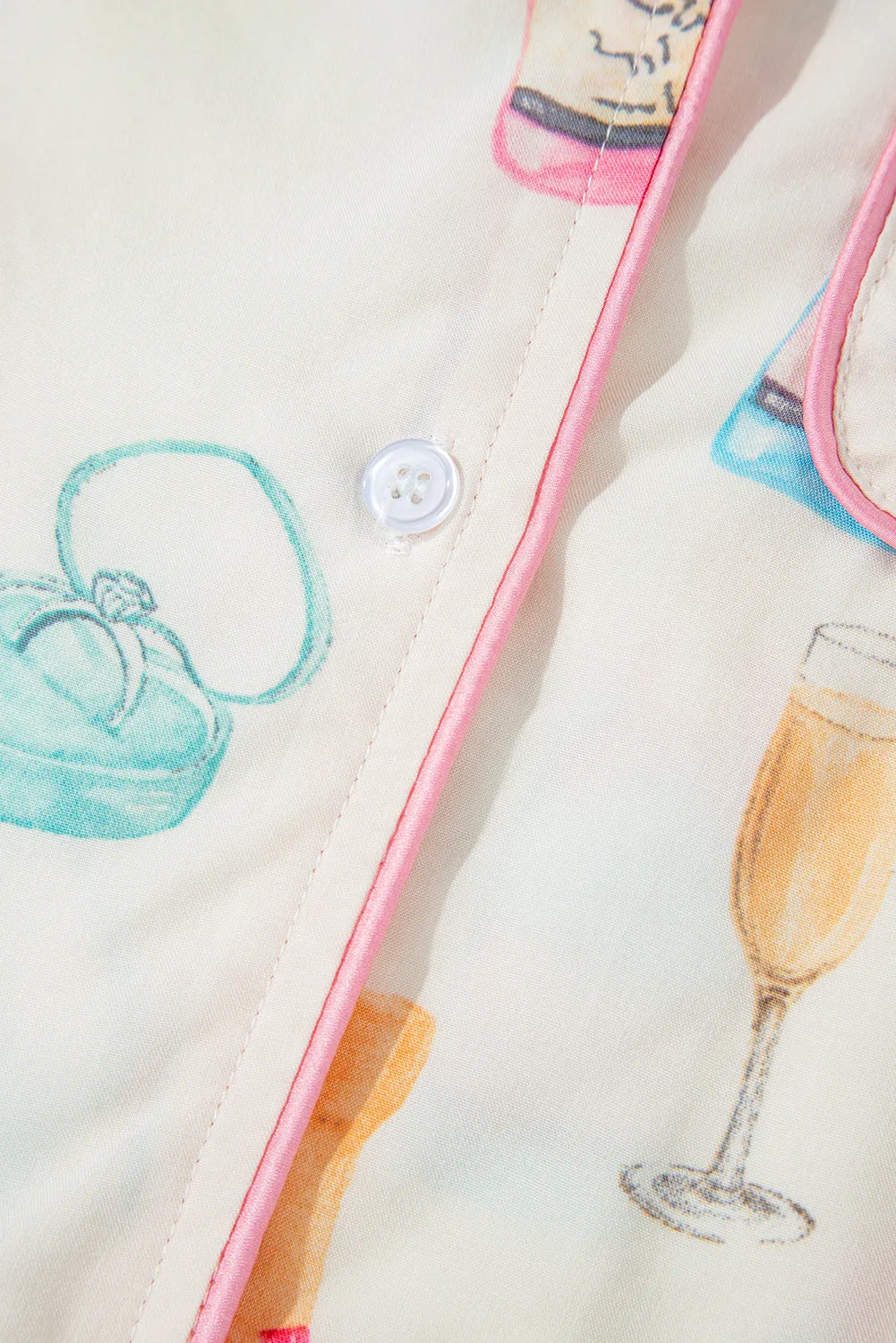 Womens  White Festive Champagne and Wine Glass Print Bow Knot Pajama Set