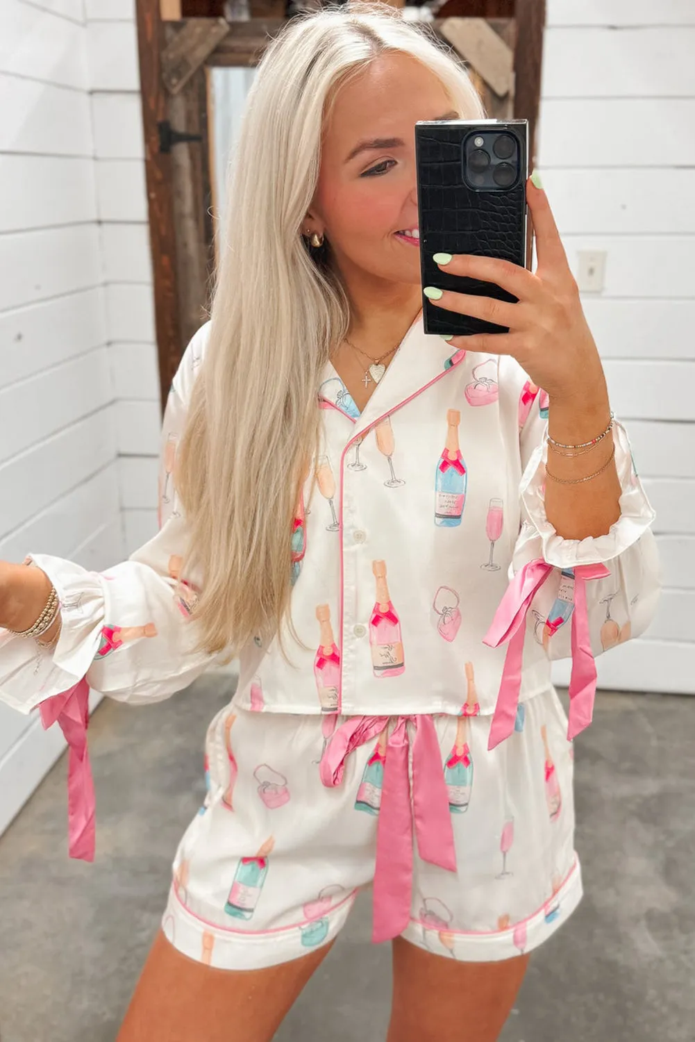 Womens  White Festive Champagne and Wine Glass Print Bow Knot Pajama Set
