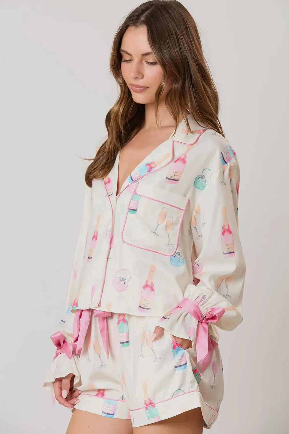 Womens  White Festive Champagne and Wine Glass Print Bow Knot Pajama Set