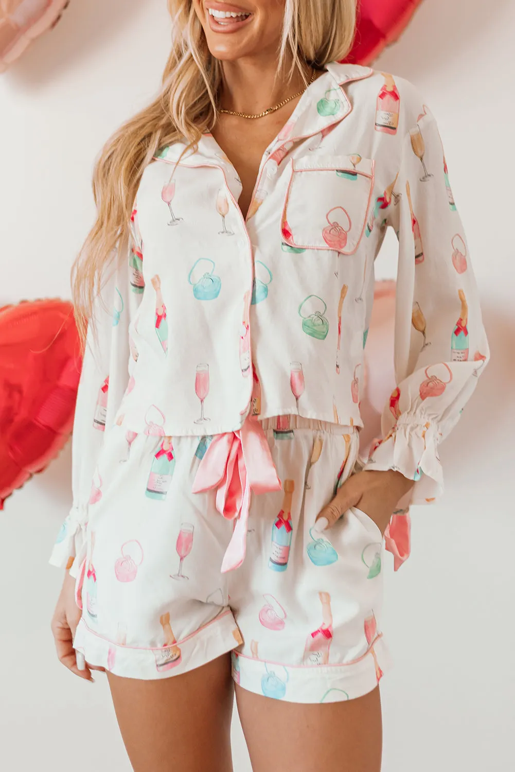 Womens  White Festive Champagne and Wine Glass Print Bow Knot Pajama Set