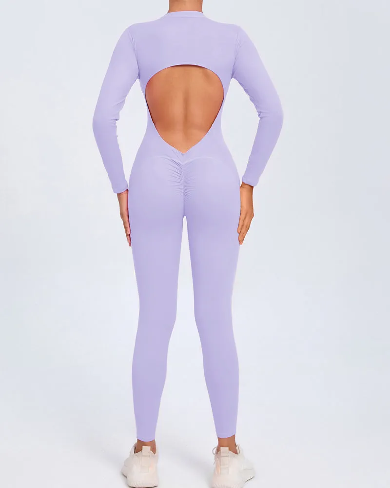 Zippered Long Sleeve Butt Lift Yoga Jumpsuit